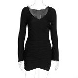 Sexy V-Neck Long-Sleeved Smooth Form-Fitting Pleated Short Dress