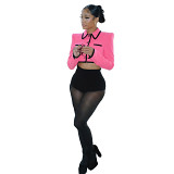 Pink Shoulder Pads, Contrasting Color Long-Sleeved Short Jacket, Casual Style Suit