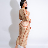Fashionable Abstract Imitation Body Print Long Hip-Covering Long-Sleeved Dress