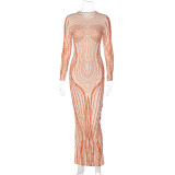Fashionable Abstract Imitation Body Print Long Hip-Covering Long-Sleeved Dress