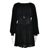Round Neck Lantern Sleeve Dress, Fashionable And Sexy Hot Girl Slimming Pleated Skirt