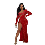 Fashion Women'S Solid Color Sequin Sexy Slit Long Skirt Dress
