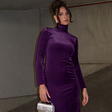 Fashionable Solid Color Slim High Neck Hip Cover Long Sleeve Dress