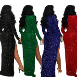 Fashion Women'S Solid Color Sequin Sexy Slit Long Skirt Dress