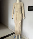Knitted Dress Casual Waist Round Neck Large Pit Strip Slim Knitted Long Skirt
