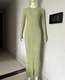 Knitted Dress Casual Waist Round Neck Large Pit Strip Slim Knitted Long Skirt