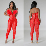 Solid Color Sexy Mesh Permed Trousers Jumpsuit