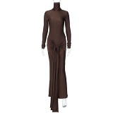 Solid Color Autumn And Winter High Collar Long Sleeve Fashion Splicing Strap Long Slim Dress