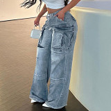 American Personality Street Fashion Women'S Big Pocket Panels Cargo Wear High Waist Straight Jeans