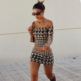 Hot Girl Fashion Butterfly Print Sexy One-Line Collar Sleeve Top Hip-Covering Mini Skirt Suit