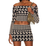 Hot Girl Fashion Butterfly Print Sexy One-Line Collar Sleeve Top Hip-Covering Mini Skirt Suit