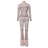 Sexy Striped High Neck Slim Long Sleeve Top Slim Fit Long Flare Pants Suit