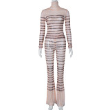 Sexy Striped High Neck Slim Long Sleeve Top Slim Fit Long Flare Pants Suit