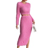 Stylish Open-Waisted Long-Sleeved Top With High Slit Long Skirt Set