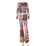 Fashion Print Long Sleeve Top Flared Trouser Duo