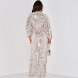 Sequined Long-Sleeved V-Neck Sexy Sequined Long Dress