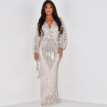 Sequined Long-Sleeved V-Neck Sexy Sequined Long Dress