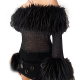 Elegant, Slim And Warm Patchwork Long-Sleeved One-Shoulder Top With Fur Collar