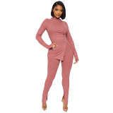 Solid Color Tight Long Sleeve Top Slit Trousers Casual Suit