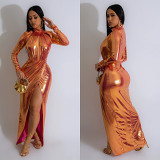 Solid Color Bronzing Long Sleeve Pleated Maxi Dress