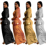Solid Color Bronzing Long Sleeve Pleated Maxi Dress