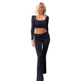 Solid Color Square Neck Top, Turned-Up Low-Waist Flared Pants Suit