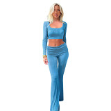 Solid Color Square Neck Top, Turned-Up Low-Waist Flared Pants Suit