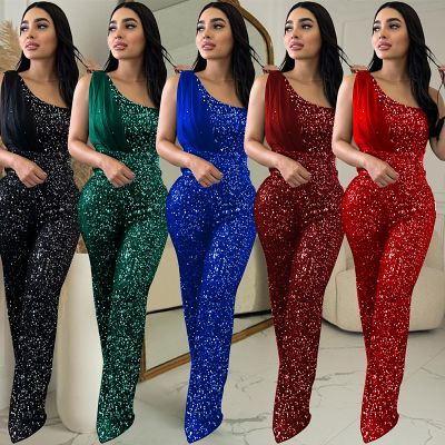 Solid Color Sleeveless One Shoulder Sequined Trousers Jumpsuit