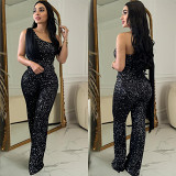 Solid Color Sleeveless One Shoulder Sequined Trousers Jumpsuit