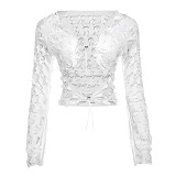 Lace-Up Low-Neck Crop Top And High-Waisted Tight Lace And Mesh Pant Suit