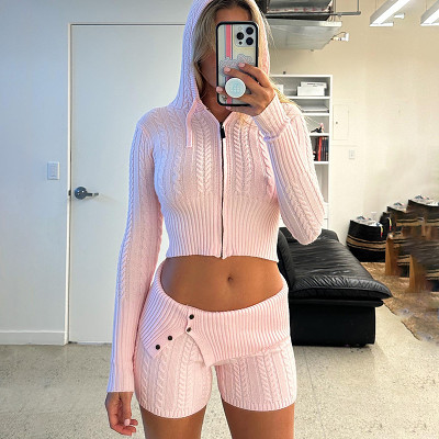 Sexy Hot Girl Knitted Hooded Top Shorts Long Sleeve Two Piece Set