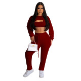 Solid Color Super Crater Strip Long-Sleeved Vest And Trousers Three-Piece Set