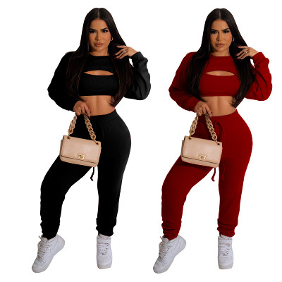 Solid Color Super Crater Strip Long-Sleeved Vest And Trousers Three-Piece Set