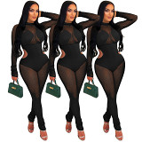 Autumn And Winter See-Through Mesh Stitching Hollow Sexy Nightclub Jumpsuit