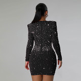 European And American Sexy Slim Fit Rhinestone Slim Stretch Hip-Covering Long-Sleeved Dress