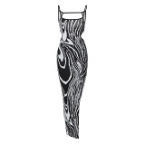 Winter New Printed Sexy Backless Hollow Slit Suspender Dress