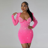 European And American Sexy Slim Fit Rhinestone Slim Stretch Hip-Covering Long-Sleeved Dress