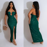 Fashion Women'S Solid Color Sexy Sequined Backless Long Skirt Dress