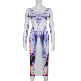 Featured Body Print Slim And Sexy Backless Round Neck Long Sleeve Dress Long Skirt