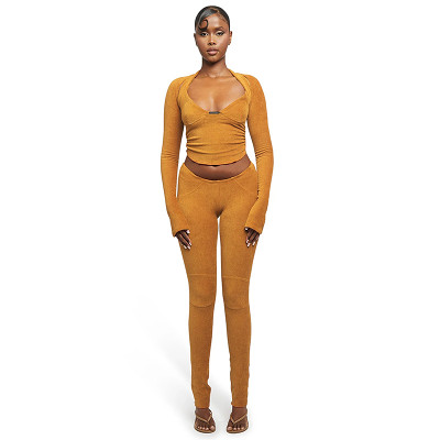 Solid Color Slim Fit Halter Top + Long-Sleeved Blouse + Leggings Three-Piece Set
