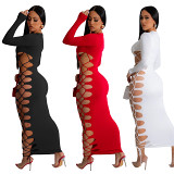 Fashion Women'S Solid Color Round Neck Sexy Rope Long Skirt Dress