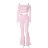 One-Shoulder Long-Sleeved Top And Flared Trousers Two-Piece Set
