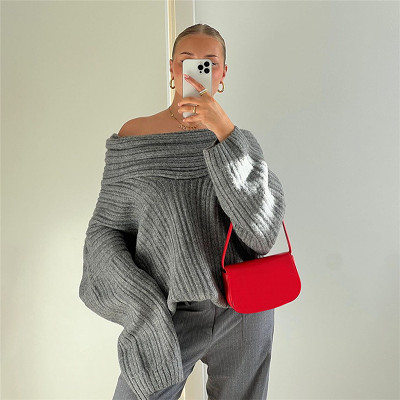 Fashionable Trend, Irregular Straight Neck Design, Loose Fitting Casual Knit, Long Sleeved Sweater