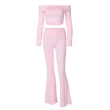 One-Shoulder Long-Sleeved Top And Flared Trousers Two-Piece Set