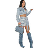 European And American Sexy Washed Denim Lace-Up 3D Pocket Skirt Suit
