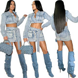 European And American Sexy Washed Denim Lace-Up 3D Pocket Skirt Suit