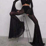 Sparkling Mesh Splicing Bell Bottoms Trousers Ins New Autumn Hot Girl Casual Pants