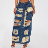 Winter Personalized Street Frayed Pocket High Waist Denim Washed Washed Hole Long Skirt Skirt