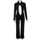 European And American Fashion Autumn New Long-Sleeved Twist Collar Hollow Navel-Baring Jumpsuit