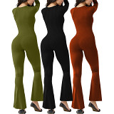 Autumn And Winter Threaded Square Collar Slim Fit Wide-Leg Casual Sports Jumpsuit